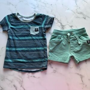 Rag to Raches Boys 18-24 months Set Striped T Shirt Shorts Blue Teal Beach